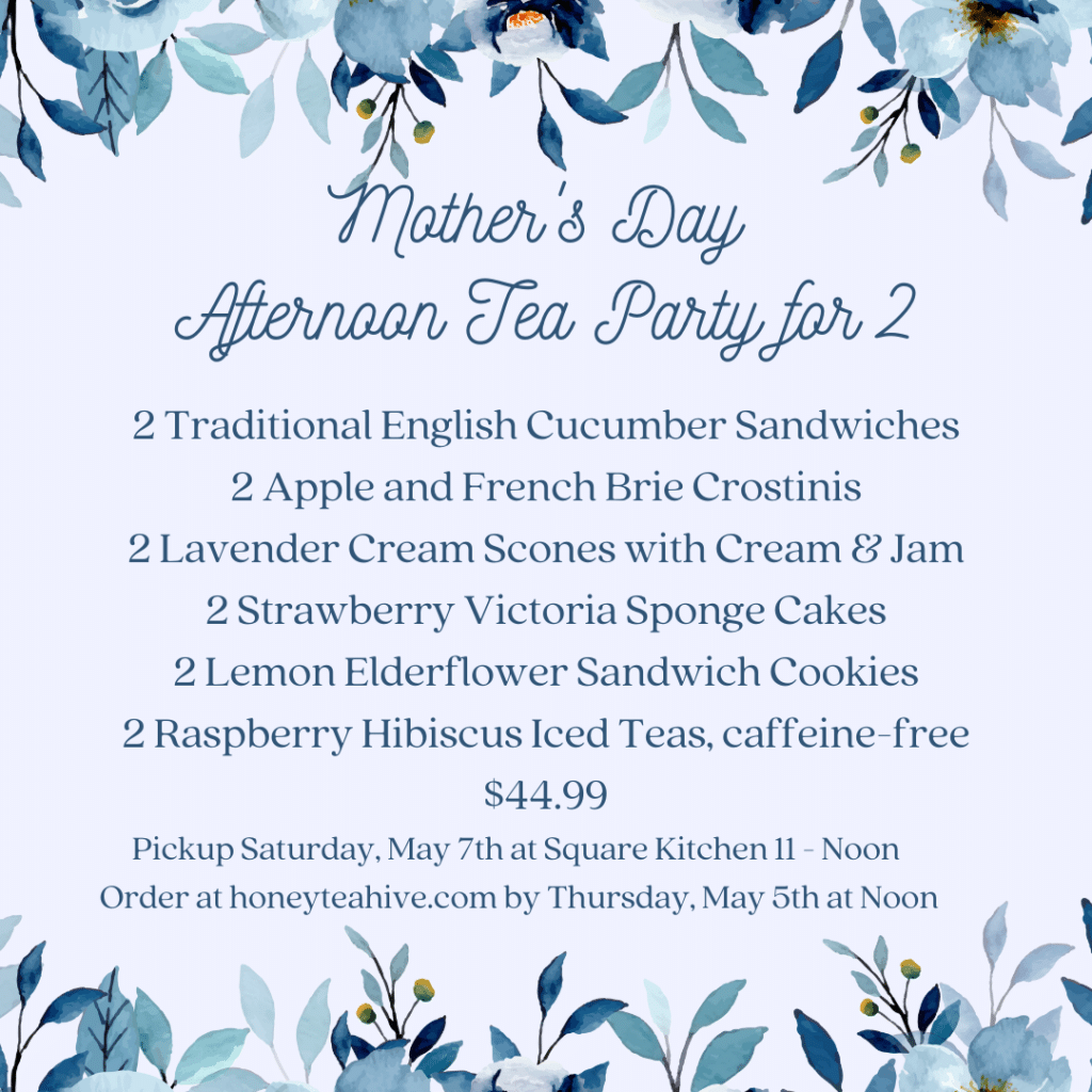 2 Traditional English Cucumber Sandwiches 2 Apple and French Brie Crostinis 2 Lavender Cream Scones with Cream & Jam 2 Strawberry Victoria Sponge Cakes 2 Lemon Elderflower Sandwich Cookies 2 Raspberry Hibiscus Iced Teas, caffeine-free $44.99